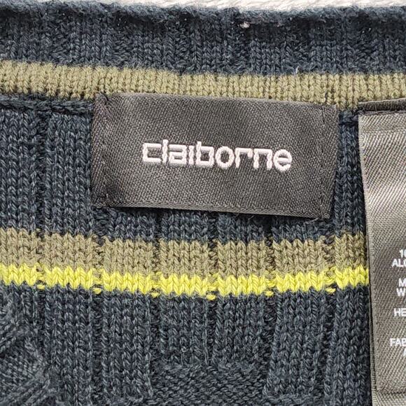 Vintage Claiborne Sweater Mens M Dark Blue Green Stripes V-Neck Pullover Preppy - Picture 3 of 9